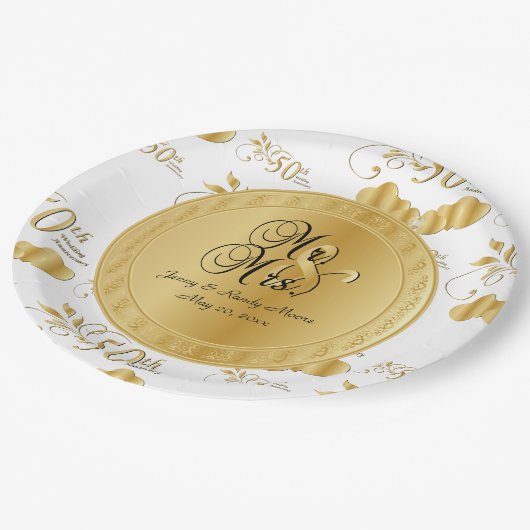 Schönes Weiß & Gold 50. Hochzeitstag Pappteller (Schrägansicht)