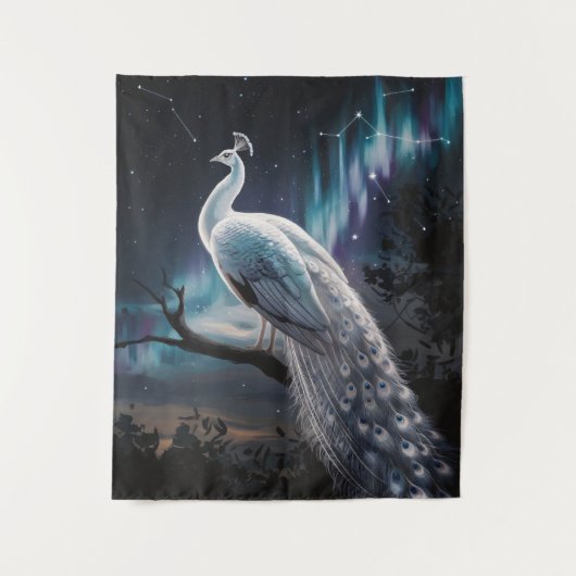Schönes Weiß Pfau Aurora Borealis Landschaftlich Wandteppich (Vorderseite)