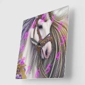 Schönes Weiß und Lila Pferd mit Neonnummern Quadratische Wanduhr (Winkel)