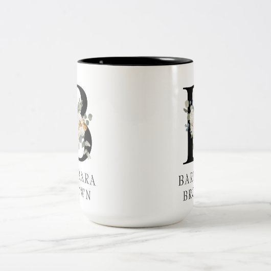 Schönes weißes Blumengold Akzente Monogramm B Zweifarbige Tasse (Mittel)