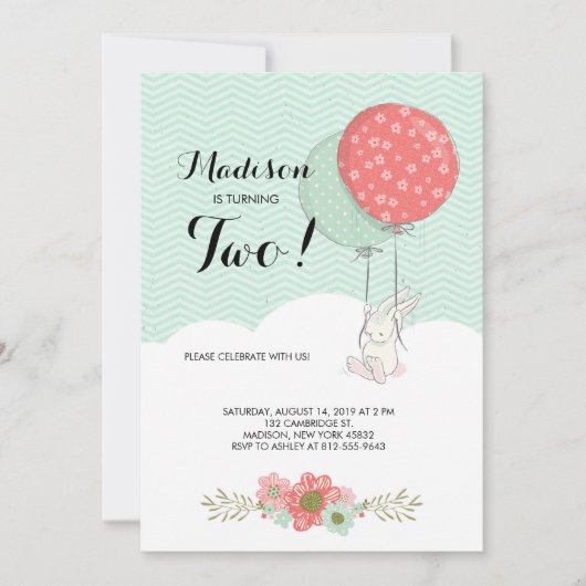 Schönes weißes Bunny mit Balloons Geburtstagsparty Einladung (Vorderseite)