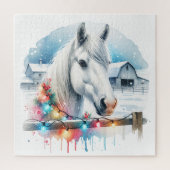 Schönes Weißes Pferd auf Bauernhof Weihnachten Puzzle (Vertikal)