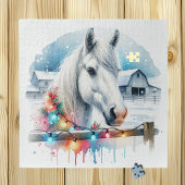 Schönes Weißes Pferd auf Bauernhof Weihnachten Puzzle