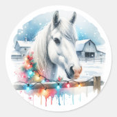 Schönes Weißes Pferd auf Bauernhof Weihnachten Runder Aufkleber (Vorderseite)