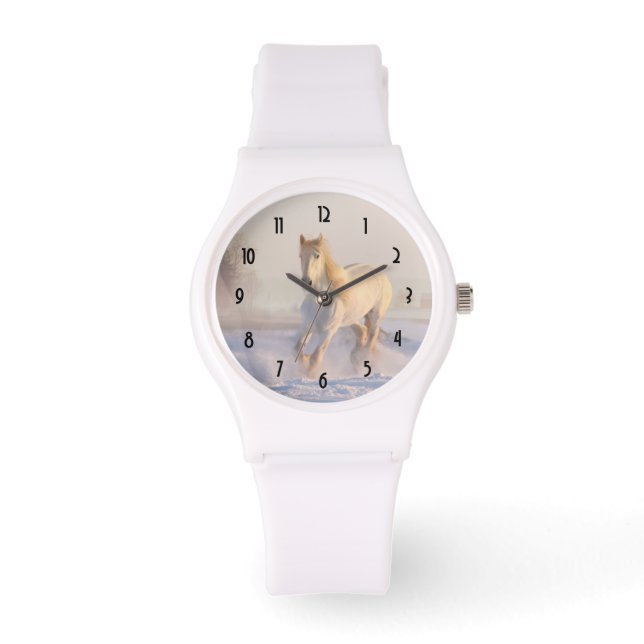 Schönes Weißes Pferd Galloping im Schnee Armbanduhr (Vorderseite)
