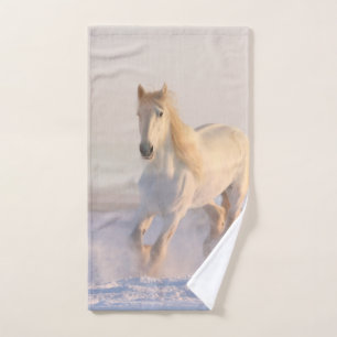 Schönes Weißes Pferd Galloping im Schnee Badhandtuch Set