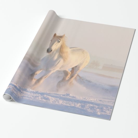 Schönes Weißes Pferd Galloping im Schnee Geschenkpapier (Ungerollt)