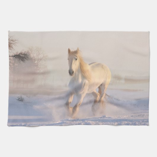 Schönes Weißes Pferd Galloping im Schnee Geschirrtuch (Horizontal)