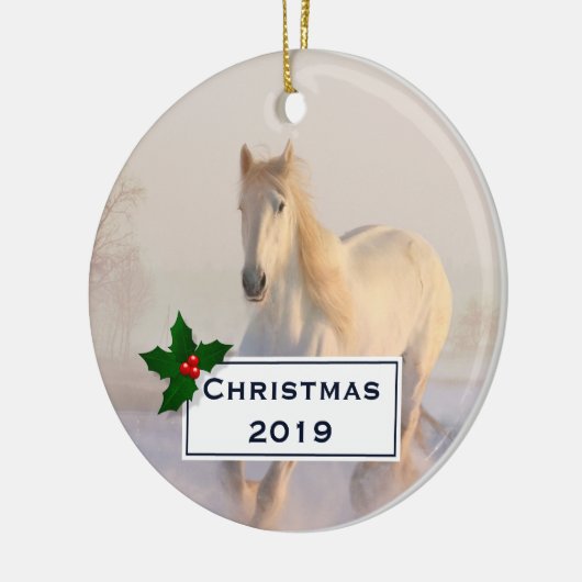 Schönes Weißes Pferd Galloping im Schnee Keramik Ornament (Links)