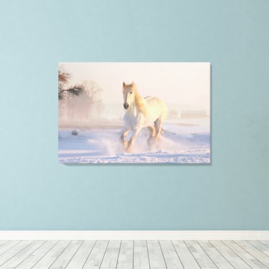 Schönes Weißes Pferd Galloping im Schnee Leinwanddruck (Insitu (Holzboden))
