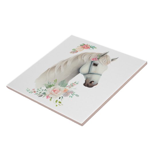 Schönes Weißes Pferd Kopf Boho Floral Fliese (Seite)