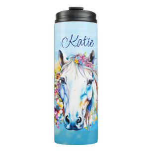 Schönes weißes Pferd mit Blumen personalisiert Thermosbecher