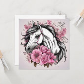 Schönes Weißes Pferd mit rosa Blume Karte (Vorderseite/Rückseite Beispiel)