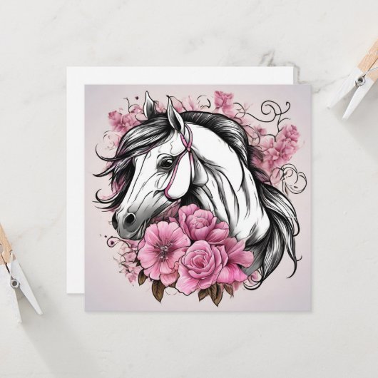 Schönes Weißes Pferd mit rosa Blume Karte (Vorderseite/Rückseite Beispiel)