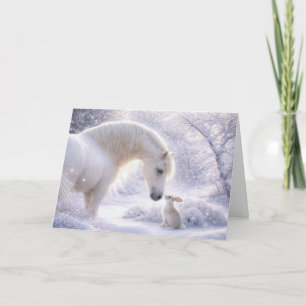 Schönes weißes Pferd und Hase Weihnachtsferien Feiertagskarte
