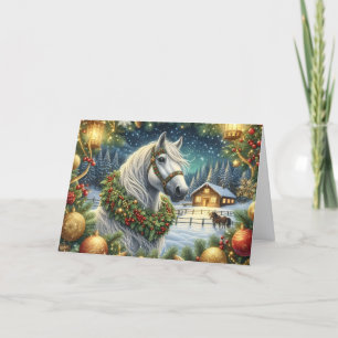 Schönes weißes Pferd und Weihnachtskranz Feiertagskarte