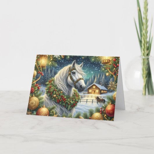 Schönes weißes Pferd und Weihnachtskranz Feiertagskarte (Vorderseite)