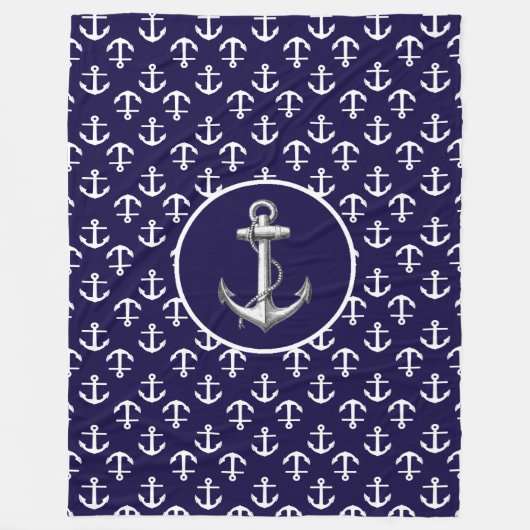 Schönes weißes und blaues Nautic Anchor Muster Fleecedecke (Vorderseite)
