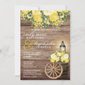 Schönes Wethered-Holzfässchen und gelbe Blumen Einladung (Vorderseite)