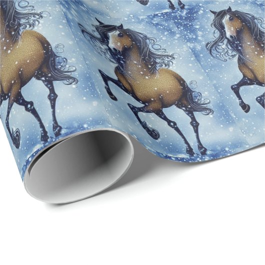 Schönes Whimsical Pferd im Schnee Winter Geschenkpapier (Rolleneckpunkt)