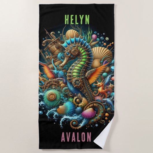 SCHÖNES WHIMSICAL STEAMPUNK SEEPFERD AUF SCHWARZ STRANDTUCH (Vorderseite)