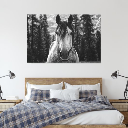 Schönes Wild Spirited Horse Black and White Leinwanddruck (Insitu (Schlafzimmer))