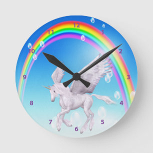 Schönes Winged Einhorn, Regenbogen u. Blasen-Uhr Runde Wanduhr