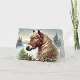 Schönes Winterpferd mit Kranz Feiertagskarte