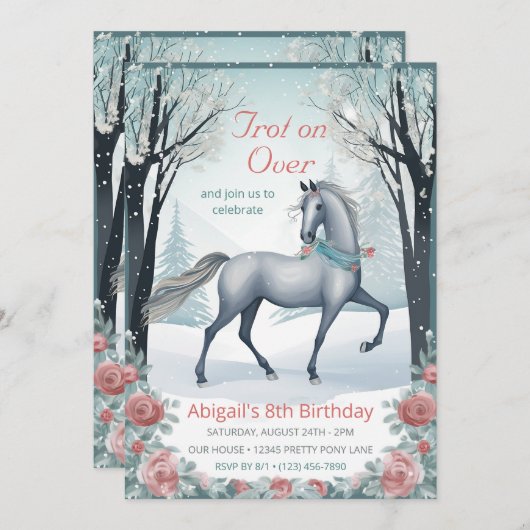 Schönes Winterwald Blumenross Geburtstag Einladung (Vorne/Hinten)