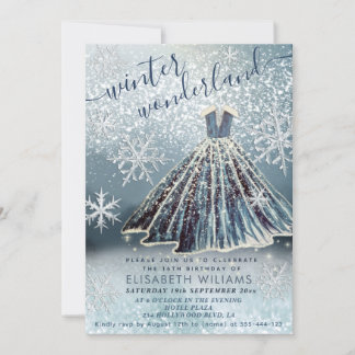 Schönes Winterwunderland Prinzessin kleidet süß 16 Einladung