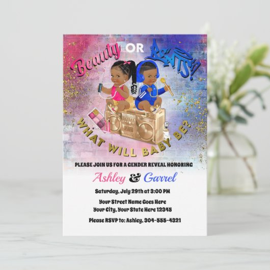 Schönheit oder Beats Einladung! Geschlechtsankündi Einladung (Stehend Vorderseite)