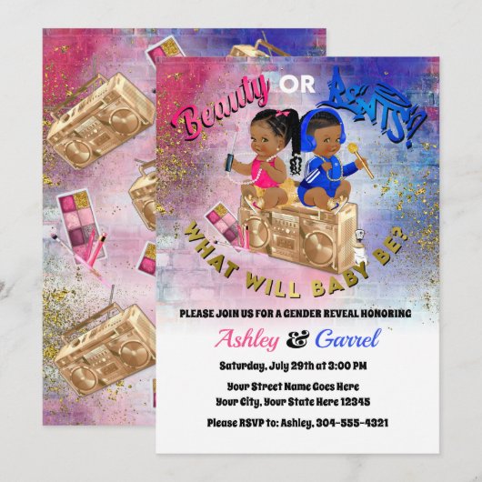 Schönheit oder Beats Einladung! Geschlechtsankündi Einladung (Vorne/Hinten)