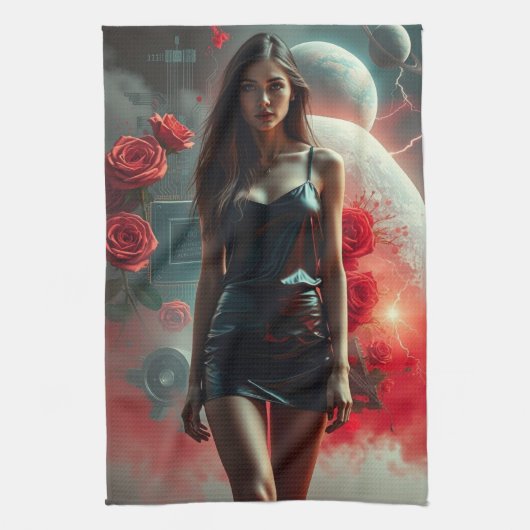 Schönheit, Planeten, Blumen und KI Geschirrtuch (Vertikal)