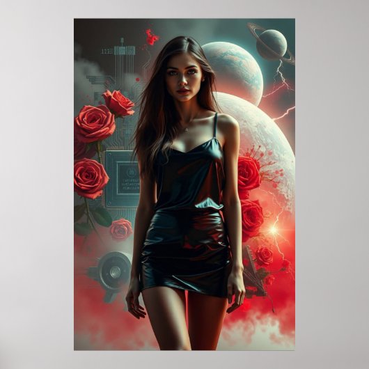 Schönheit, Planeten, Blumen und KI Poster (Vorne)