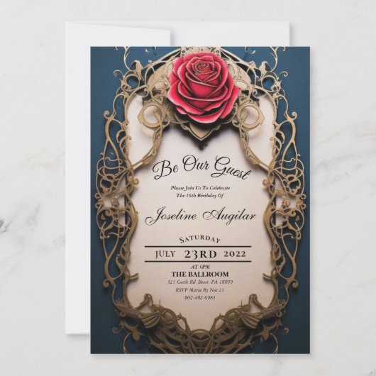 Schönheit und das Biest Gold und Rote Rose Sweet 1 Einladung (Vorderseite)