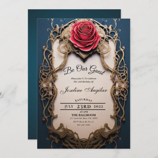 Schönheit und das Biest Gold und Rote Rose Sweet 1 Einladung (Vorne/Hinten)