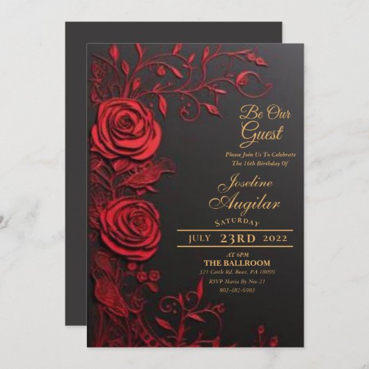 Schönheit und die Rote Rose der Bestie Sweet 16 Ei Einladung (Vorne/Hinten)