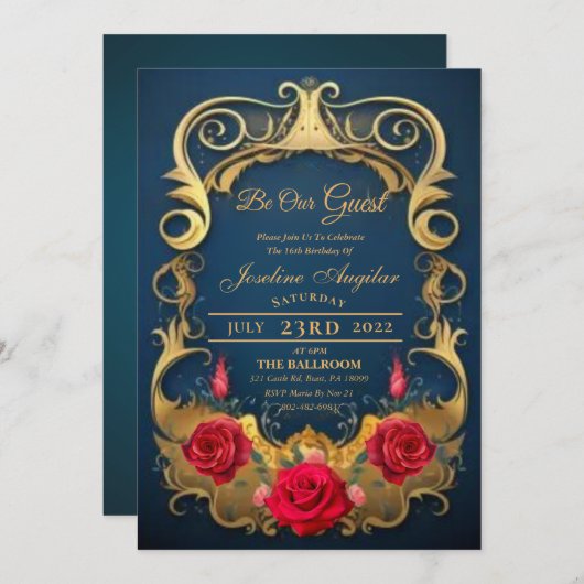 Schönheit und die Rote Rose der Bestie Sweet 16 Ei Einladung (Vorne/Hinten)