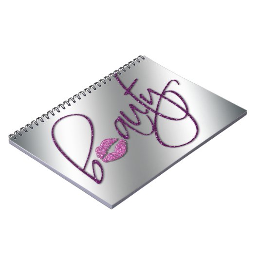 Schönheitcosmetology-Rosa-Glitzer-Lippen lila Notizblock (Linke Seite)