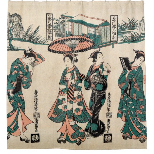 Schönheiten aus Fukagawa.Triptychon Duschvorhang (Vorderseite)