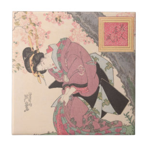 Schönheiten unter Kirschblüten Vintag Ukiyo-e Fliese