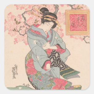 Schönheiten unter Kirschblüten Vintag Ukiyo-e Quadratischer Aufkleber