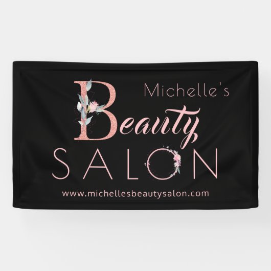 Schönheitssalon Name Rosa Blumenmotiv Glitzer Glat Banner (Horizontal)