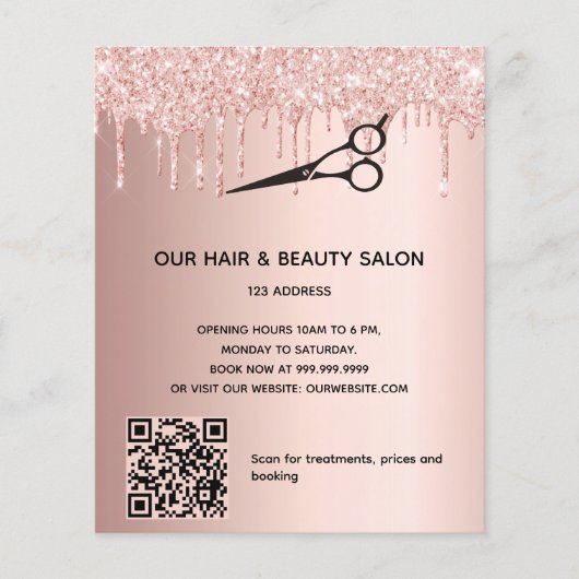 Schönheitssalon Rose Gold Glitzer Preis QR-Code Flyer (Vorne)