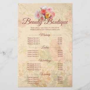 Schönheitssalon Vintage-Blumen-Preisliste Flyer