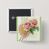 Schönste Vintage rosa Rosen und Herz Button (Vorne & Hinten)