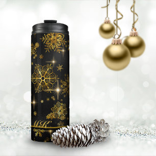 Schönstes Schneeflocken-Muster Schwarz/Gold ID846  Thermosbecher