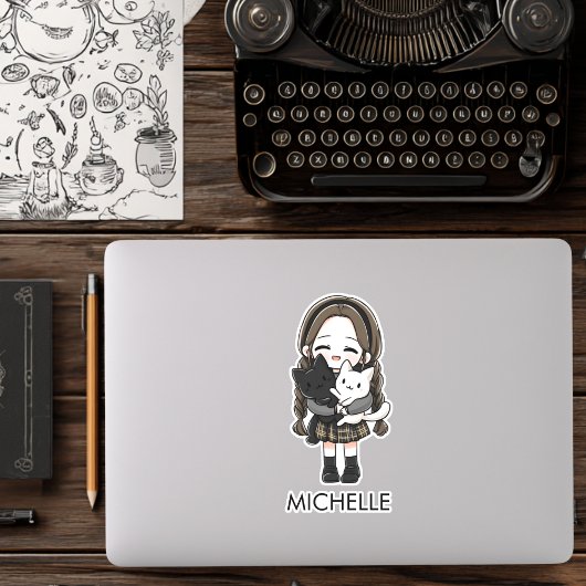 School Girl & Cats Cute Anime Cartoon Personalized Aufkleber