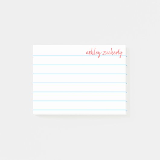 School Lined Paper Blue mit rotem Skriptnamen Post-it Klebezettel (Vorderseite)