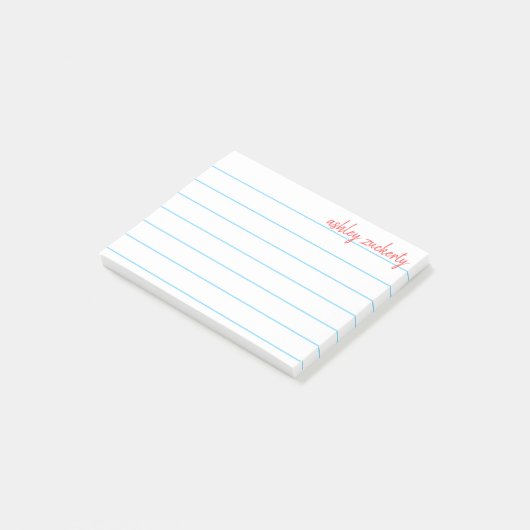 School Lined Paper Blue mit rotem Skriptnamen Post-it Klebezettel (angewinkelt)